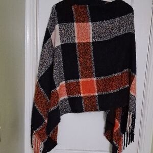 Cozy Black and Orange Plaid Women's Knit Poncho